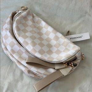 Cream Checkered Shoulder Bag with Crescent Design